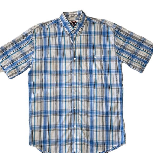 Larro Shirts‎ Western Plaid Shirt - L Blue & Orange Short Sleeve Button Up - Picture 1 of 6